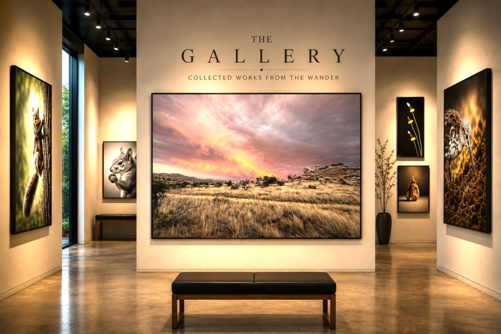 Interior of an art gallery featuring various nature-themed artworks on the walls, with a large landscape painting in the center and a wooden bench in the foreground.