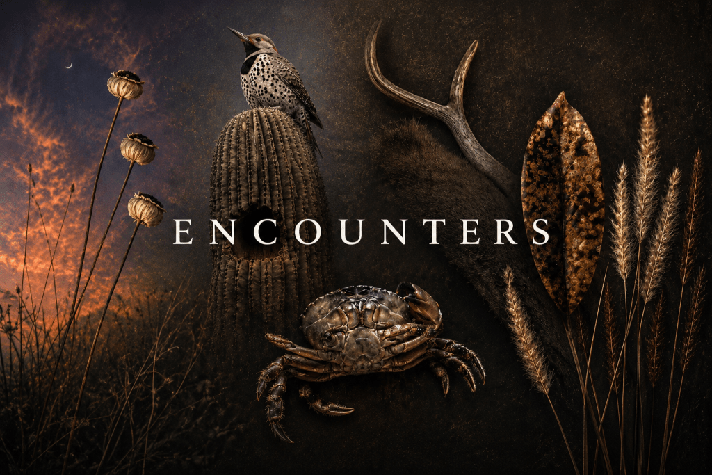 A creative composition featuring a woodpecker perched on a cactus, alongside a crab, deer antler, and assorted dried foliage, with the word 'ENCounters' prominently displayed in the center.