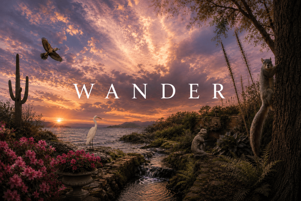 A scenic landscape at sunset featuring a body of water, vibrant flowers, a cacti, and wildlife, including a heron and a squirrel, with the word 'WANDER' prominently displayed.